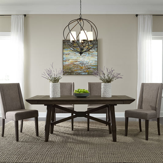 Double Bridge - 5 Piece Trestle Table Set - Dark Brown - Upholstered Chairs