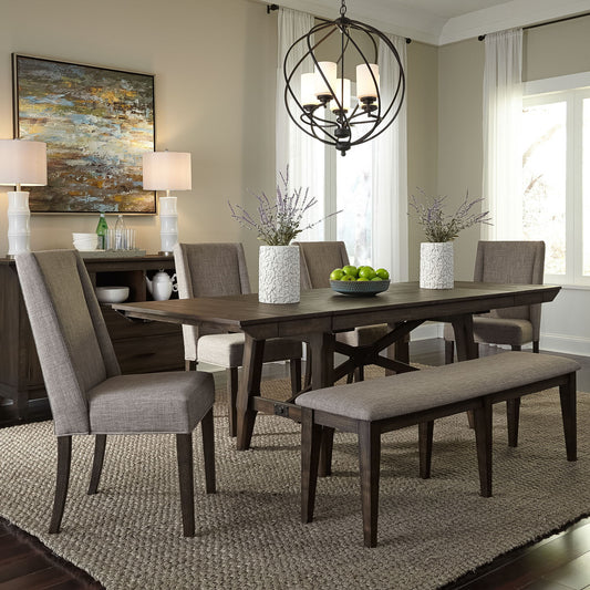 Double Bridge - 6 Piece Trestle Table Set - Dark Brown - Upholstered Chairs