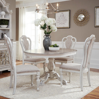 Magnolia Manor - 5 Piece Pedestal Table Set - White - Upholstered Chairs