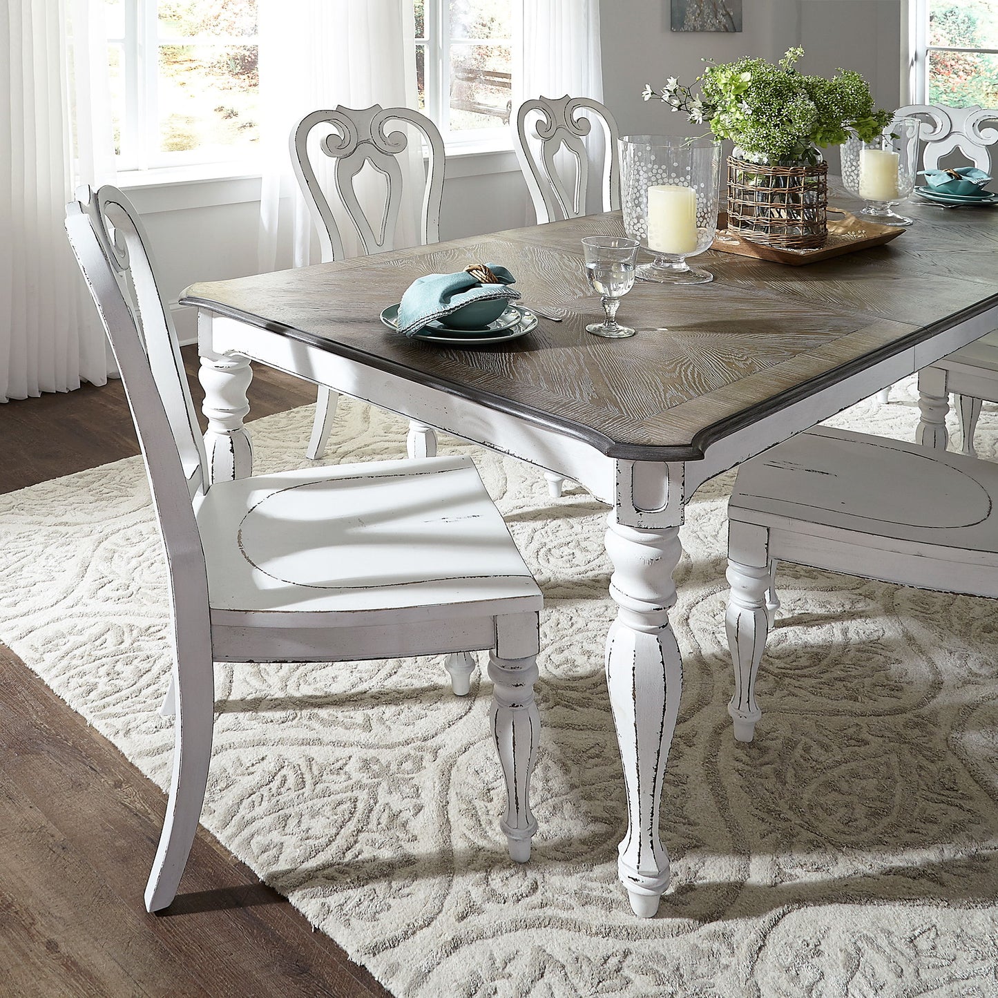 Magnolia Manor - 5 Piece Rectangular Table Set - White - Shaped Back Chairs