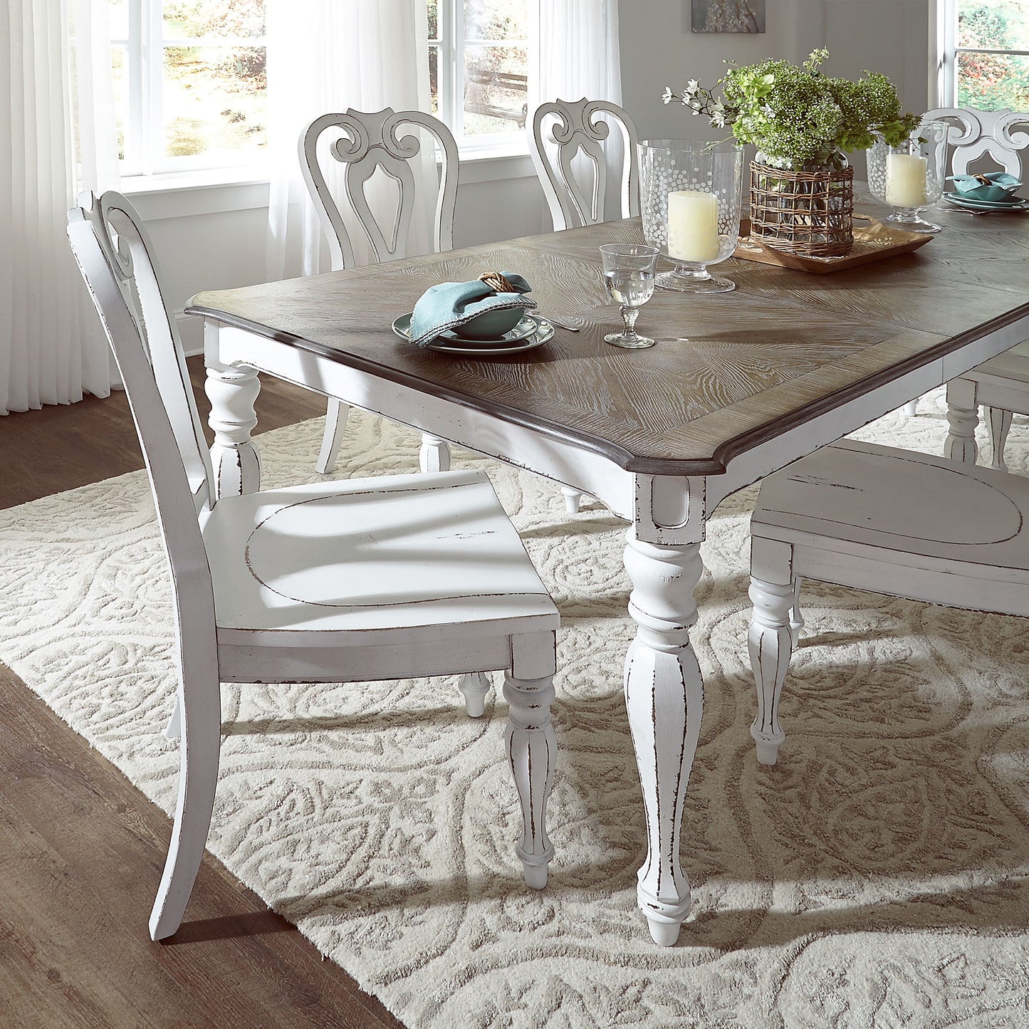 Magnolia Manor - 7 Piece Rectangular Table Set - White - Shaped Back Chairs