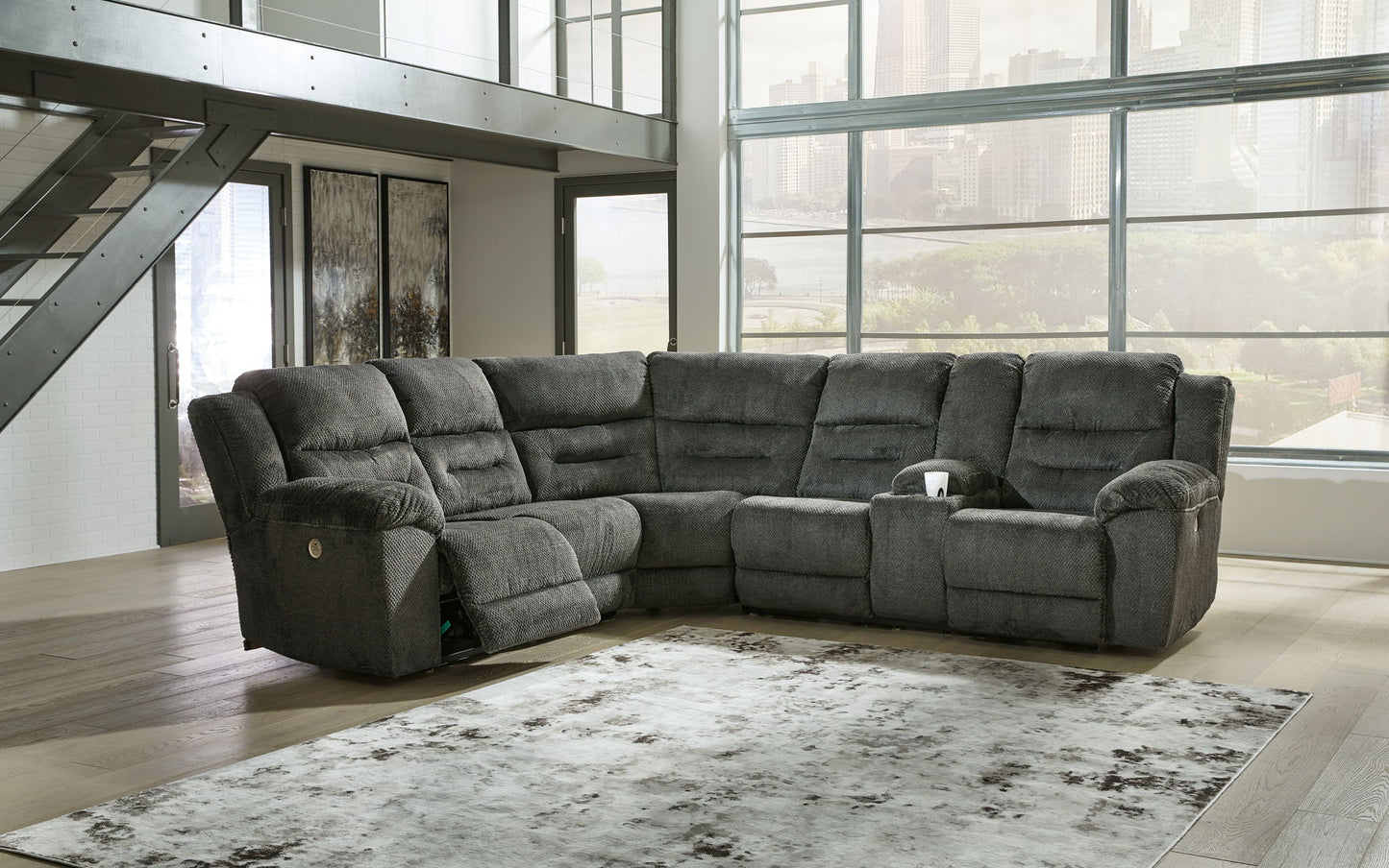 Nettington - Smoke - 3-Piece Power Reclining Sectional With Raf Pwr Rec Loveseat W/Console