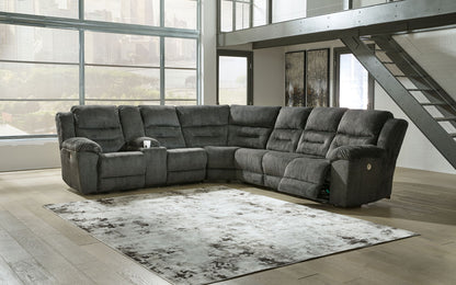 Nettington - Smoke - 4-Piece Power Reclining Sectional With Laf Pwr Rec Loveseat W/Console