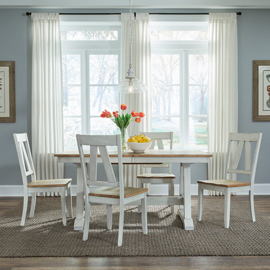 Lindsey Farm - 5 Piece Trestle Table Set - Weathered White