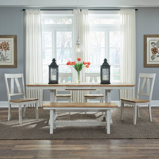 Lindsey Farm - 6 Piece Trestle Table Set - Weathered White