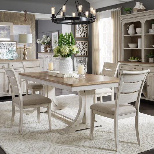 Farmhouse Reimagined - 5 Piece Trestle Table Set - White - Ladder-Back Upholstered Chairs