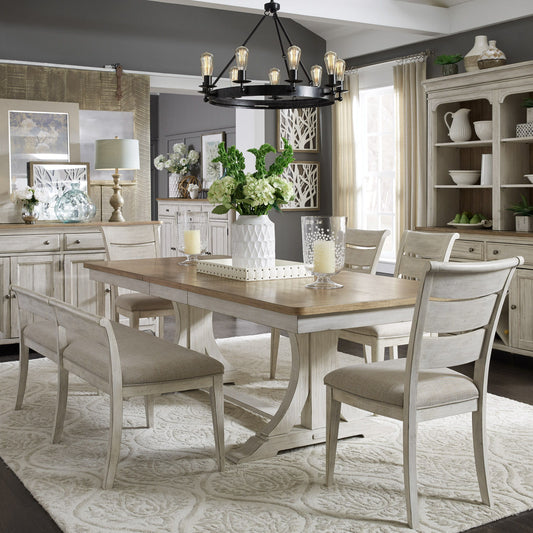 Farmhouse Reimagined - 6 Piece Trestle Table Set - White - Ladder-Back Upholstered Chairs