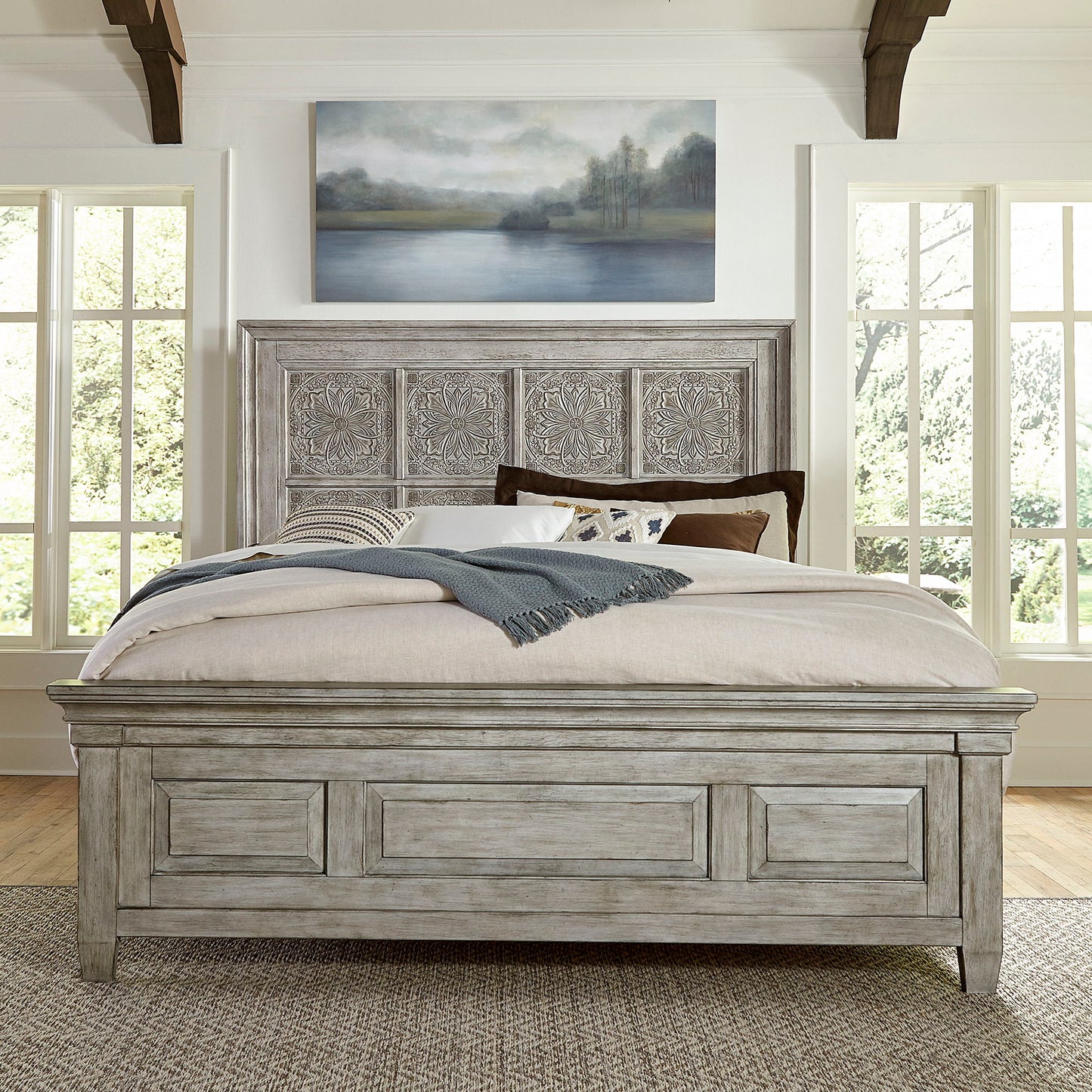 Heartland - King Panel Bed - White - Antique Tile Panels