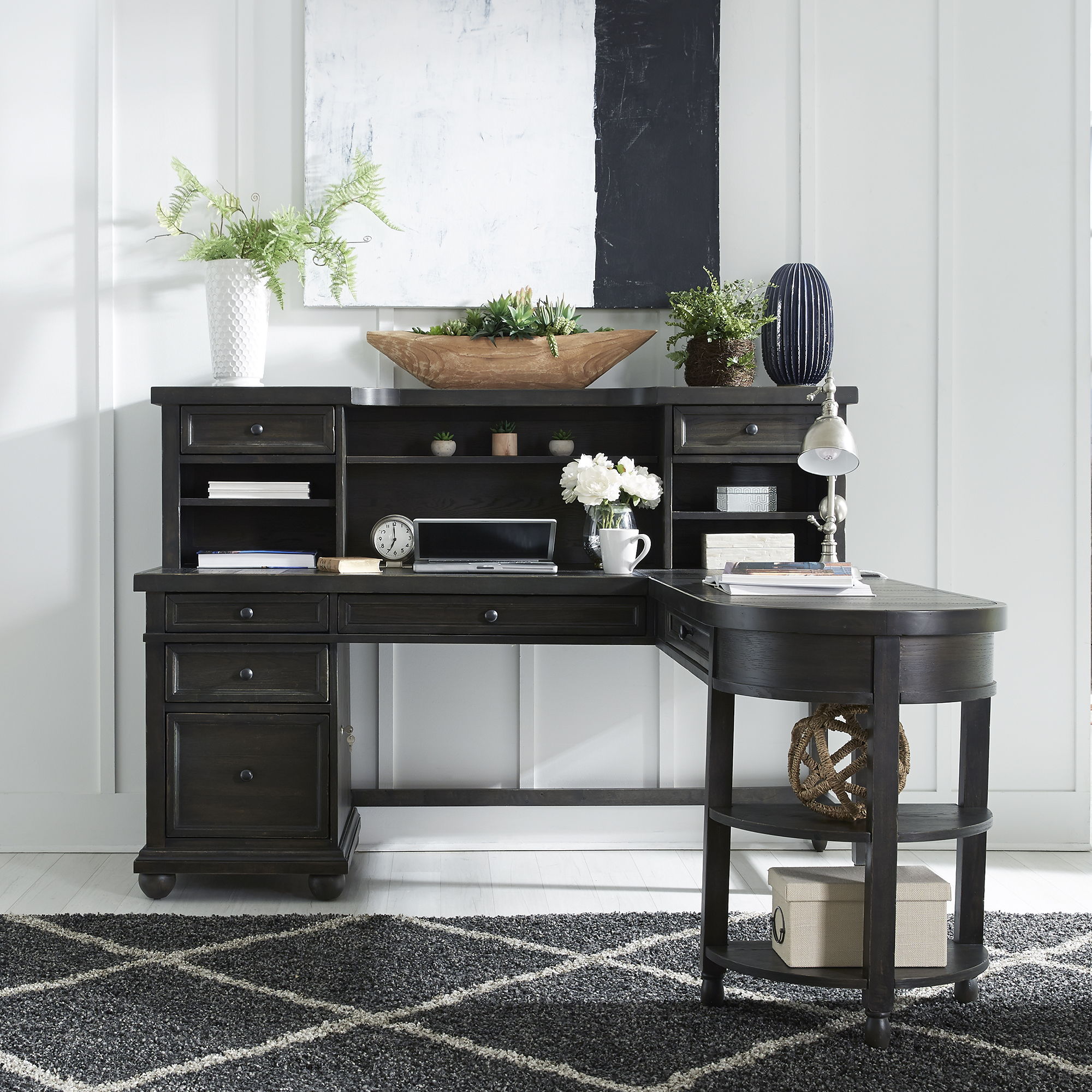 Harvest Home - L Shaped Desk Set - Black - With Hutch – Furniture