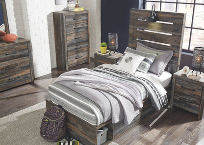 Drystan - Brown / Beige - Twin Panel Bed With 4 Side Drawers