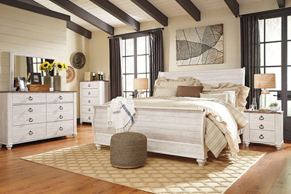 Willowton - Whitewash - King Sleigh Bed With Faux Plank Design