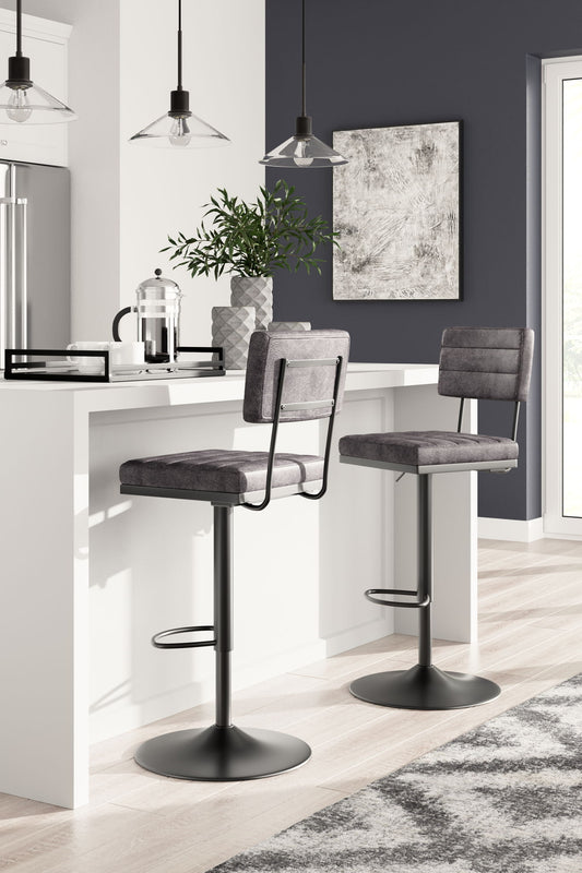 Strumford - Gray / Black - Tall Swivel Barstool (Set of 2) With Cushioned Back