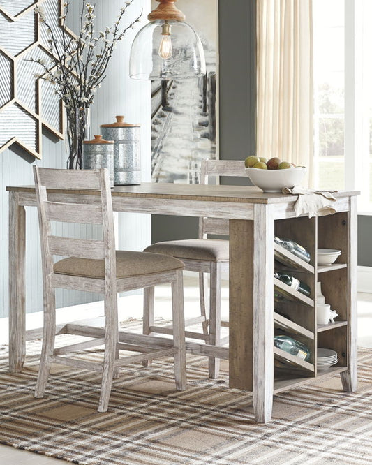 Skempton - White - 3 Pc. - Counter Table, 2 Upholstered Barstools