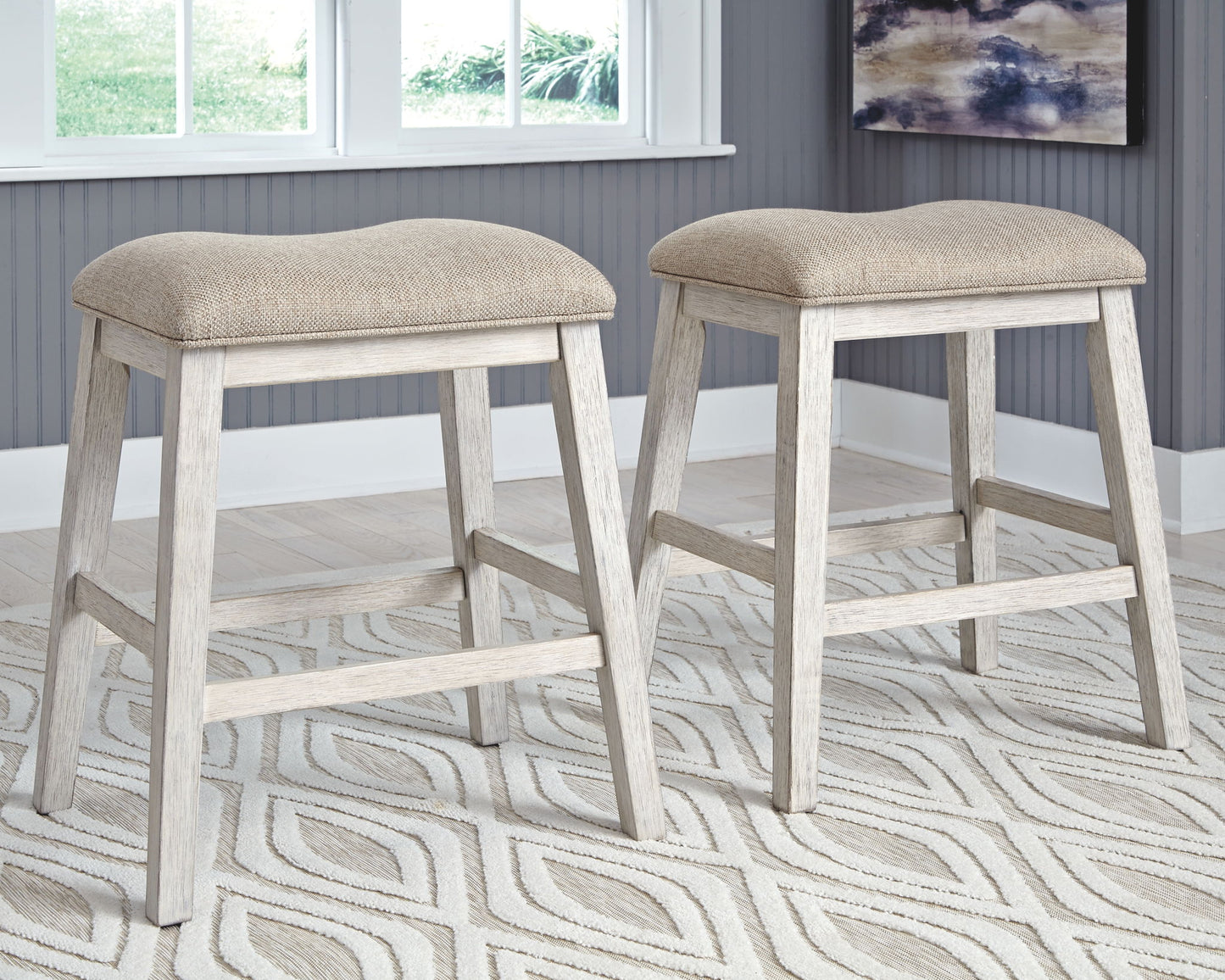 Skempton - White - 5 Pc. - Counter Table, 4 Upholstered Stools