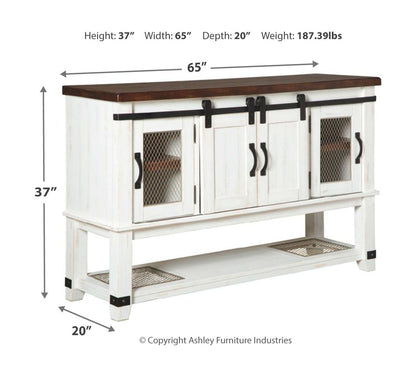 Valebeck - White - 6 Pc. - Counter Table, 4 Swivel Barstools, Server