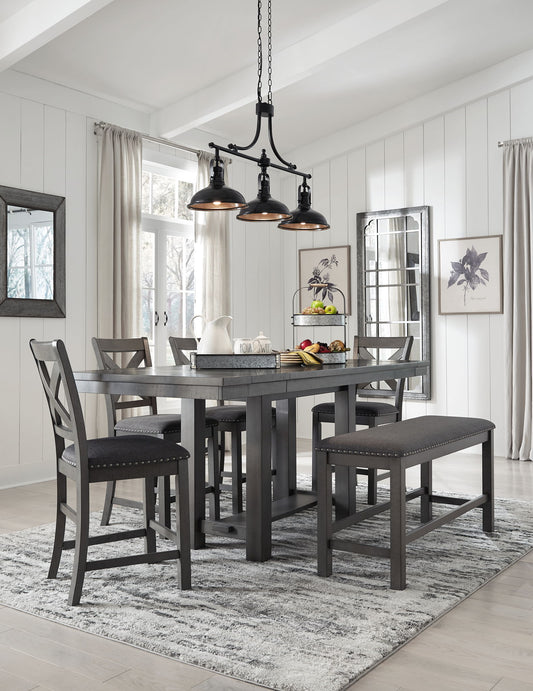 Myshanna - Gray - 6 Pc. - Counter Extension Table, 4 Barstools, Bench