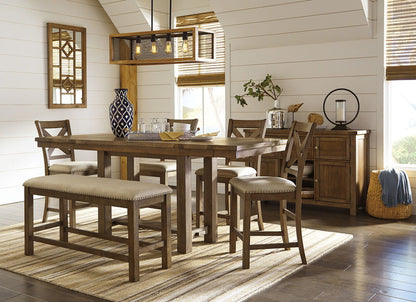 Moriville - Dark Gray - 7 Pc. - Counter Extension Table, 4 Barstools, Bench, Server