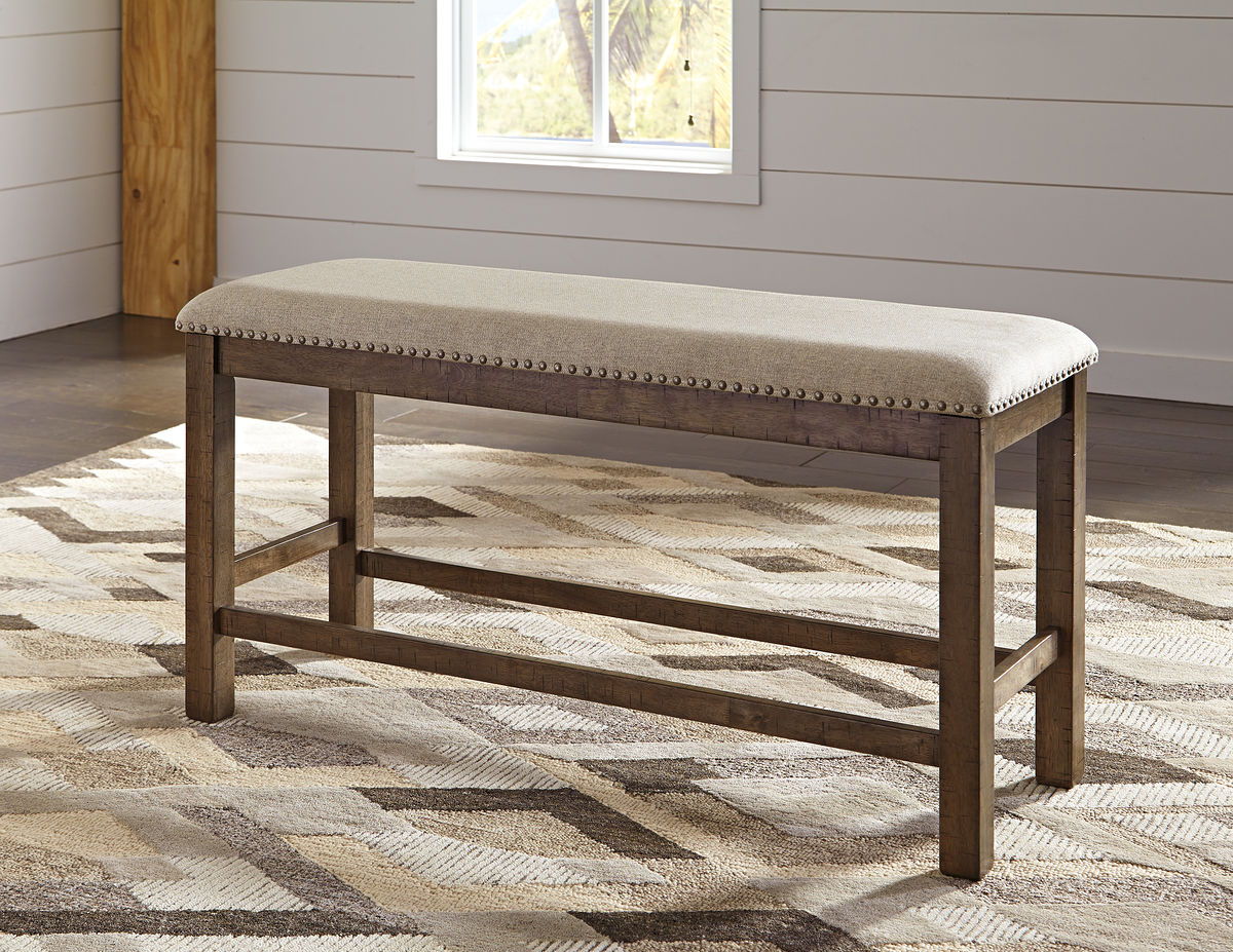 Moriville - Dark Gray - 7 Pc. - Counter Extension Table, 4 Barstools, Bench, Server