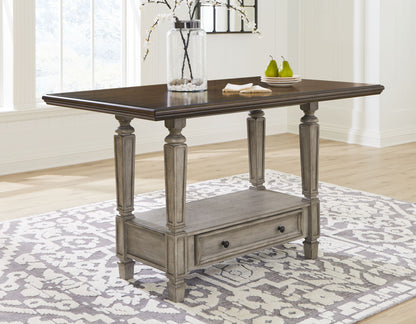 Lodenbay - Antique Gray - 5 Pc. - Rectangular Dining Room Counter Table, 4 Upholstered Barstools