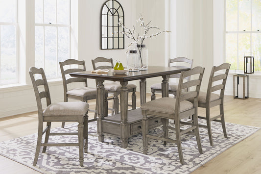 Lodenbay - Antique Gray - 7 Pc. - Rectangular Dining Room Counter Table, 6 Upholstered Barstools