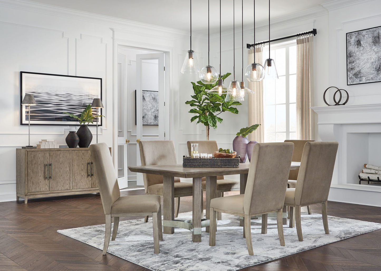 Chrestner - Brown / Beige - 8 Pc. - Rectangular Dining Room Table, 6 Side Chairs, Server