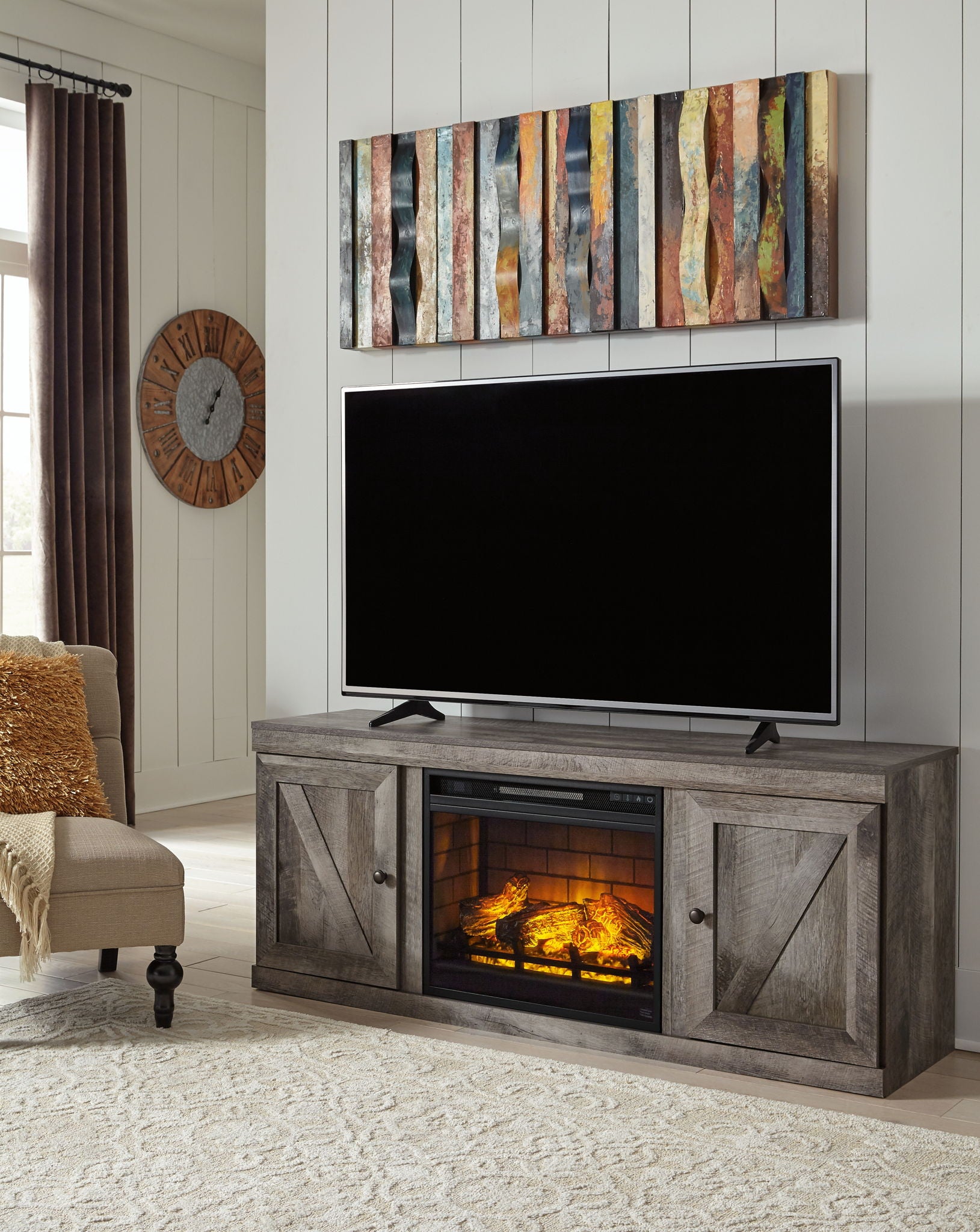 Wynnlow - Gray - TV Stand With Faux Firebrick Fireplace