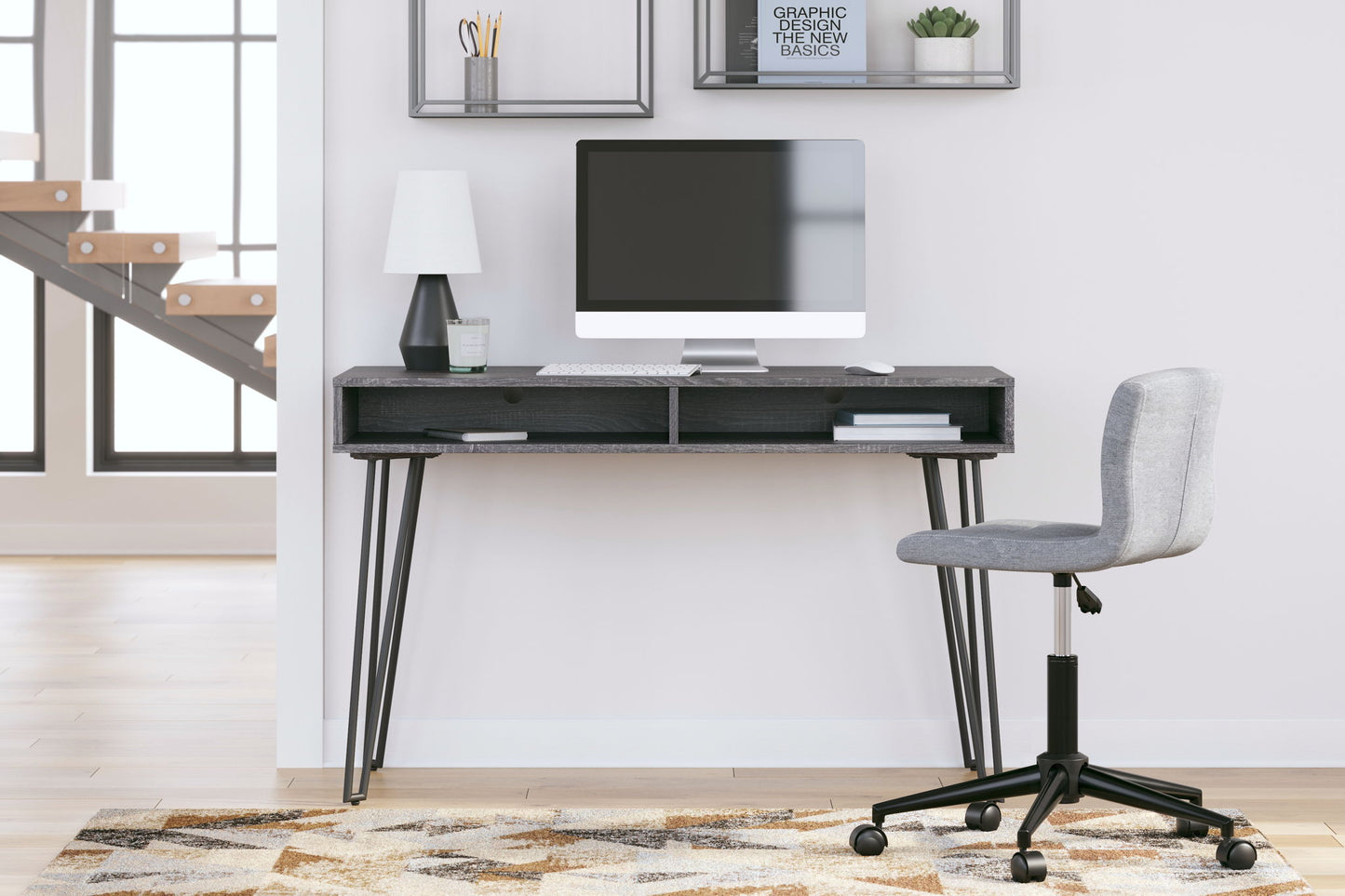 Strumford - Charcoal / Black - Home Office Desk With 2 Open Storages