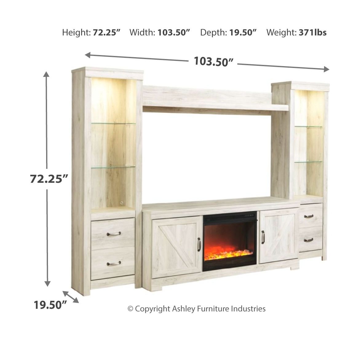 Bellaby - Whitewash - 5 Pc. - Entertainment Center - 63" TV Stand With Fireplace Insert Glass/Stone