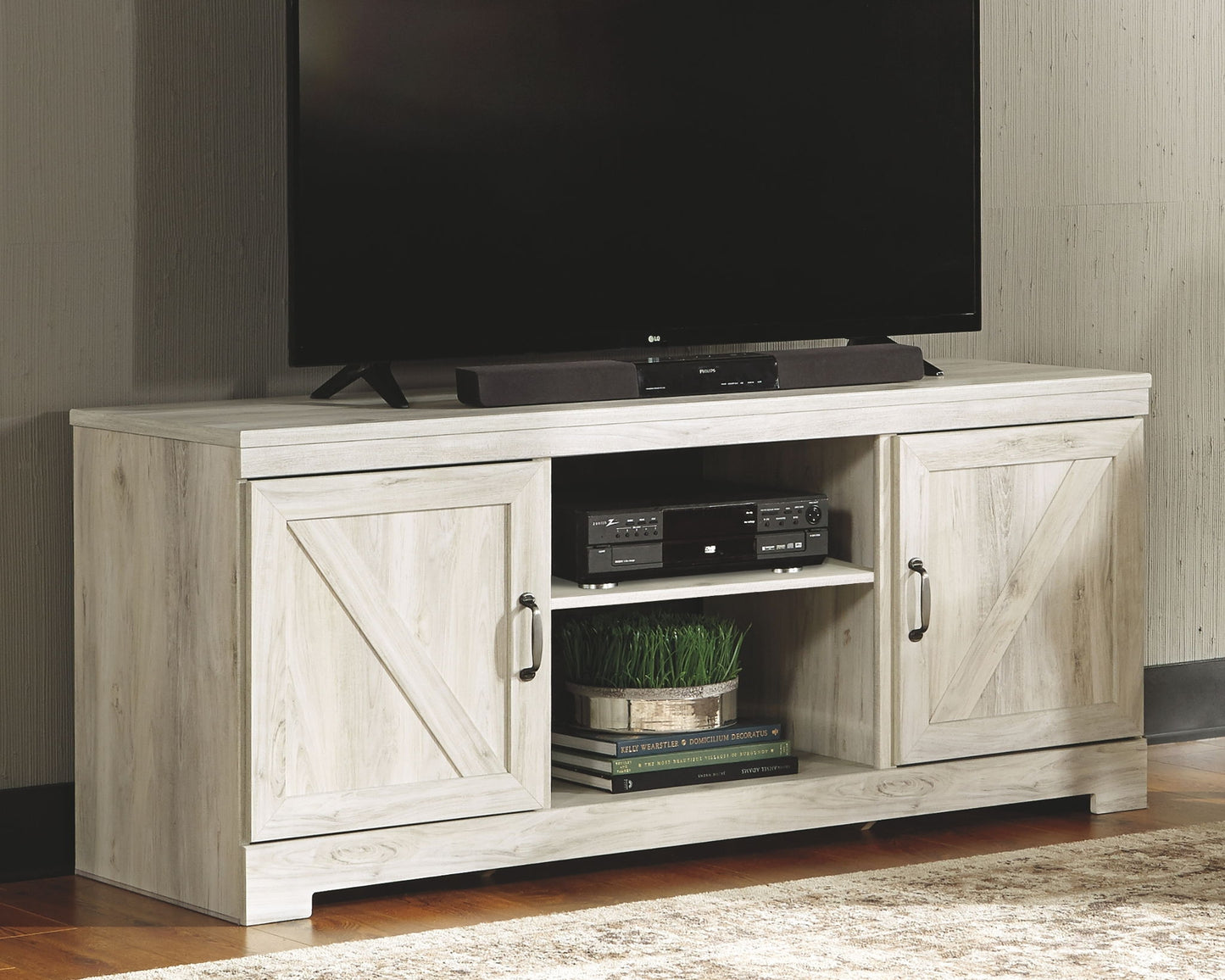 Bellaby - Whitewash - 5 Pc. - Entertainment Center - 63" TV Stand With Fireplace Insert Glass/Stone