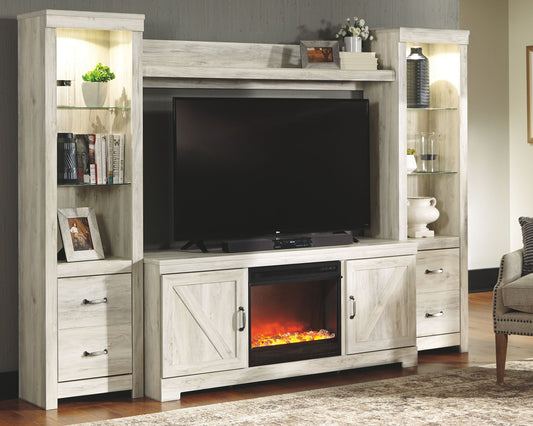 Bellaby - Whitewash - 5 Pc. - Entertainment Center - 63" TV Stand With Fireplace Insert Glass/Stone