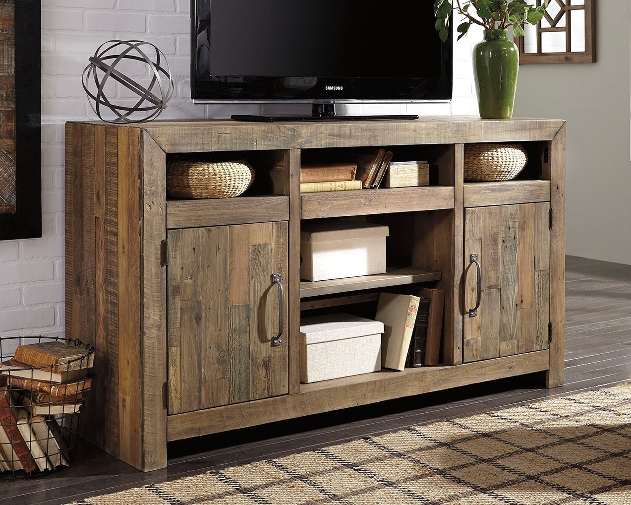 Sommerford - Brown - 62" TV Stand With Fireplace Insert Glass/Stone
