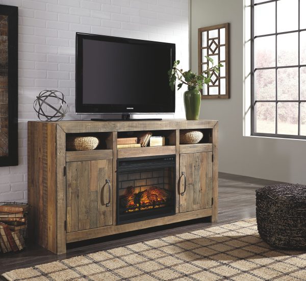 Sommerford - Brown - LG TV Stand with Fireplace Insert Glass/Stone